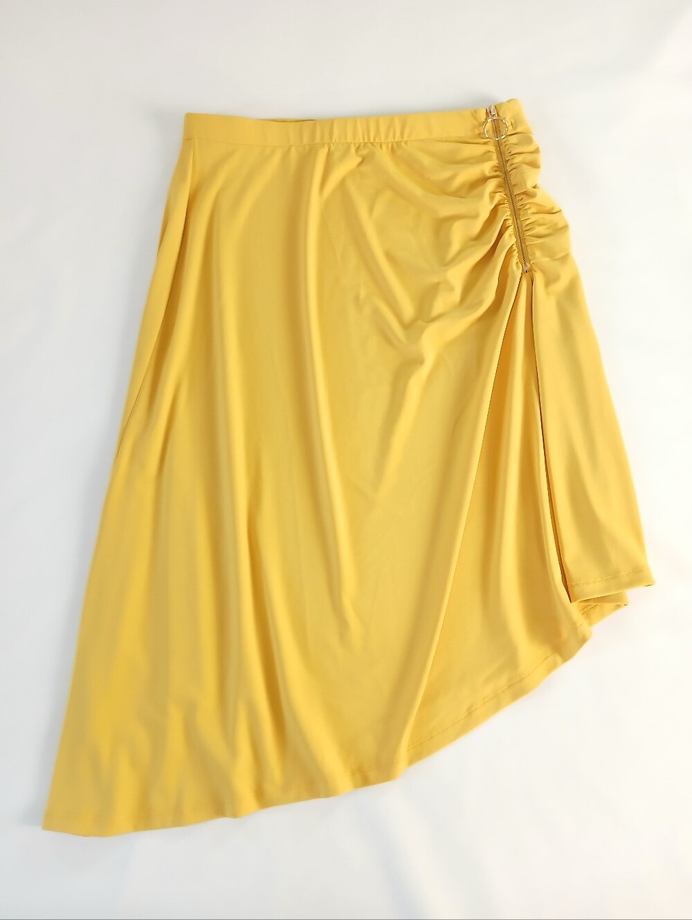 Thalia Sodi Ruched Asymmetrical Yellow Midi Side Zipper Skirt